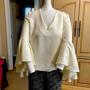 Milly Deep V-Neck Fitted Sleeve Opens to Asymmetric Bell Sleeve Top NWOT 6